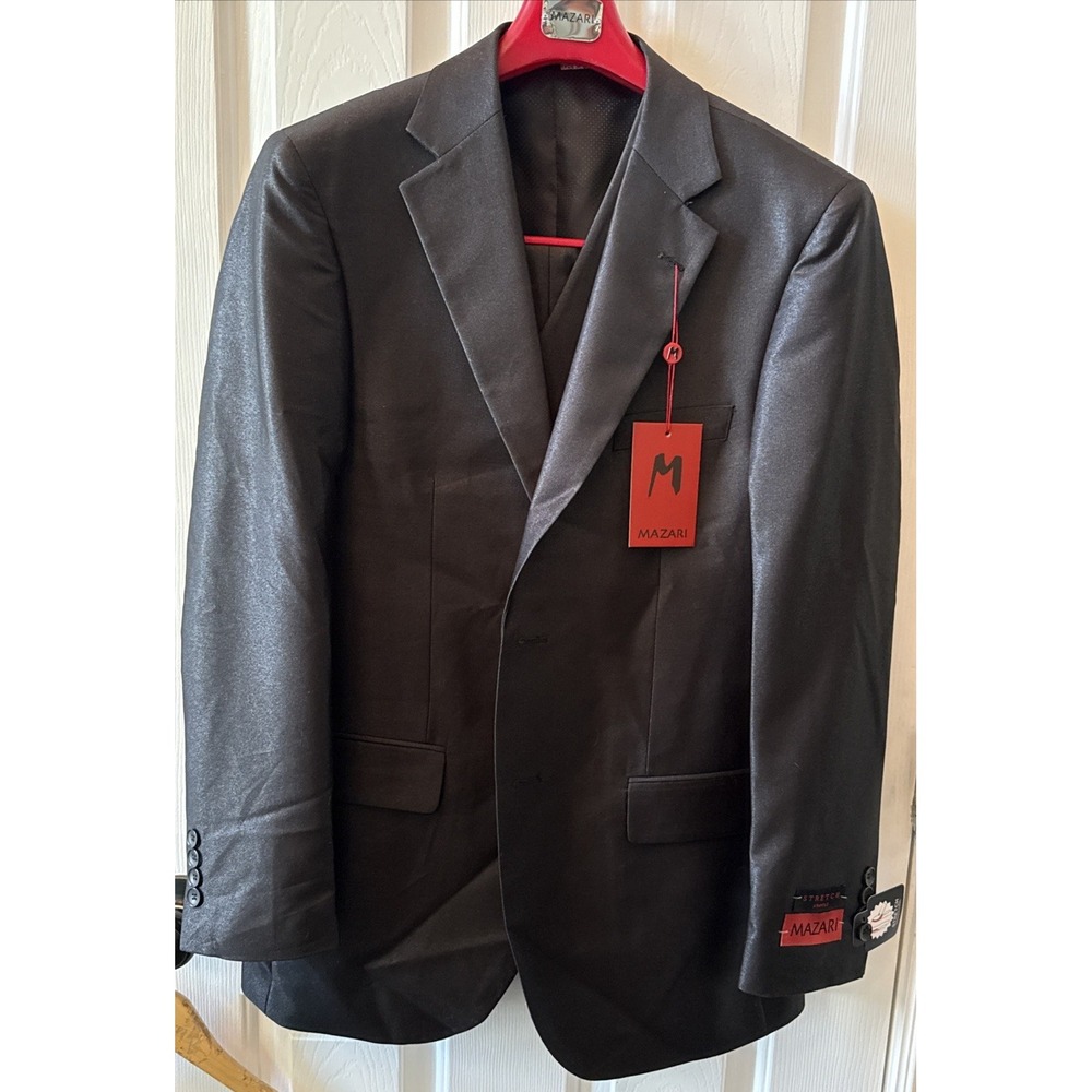 Mazari 3 Piece Stretch Suit Black Paris Vested #1220 Size R48/W42 - New